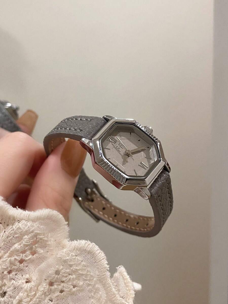 1 pieza Reloj de cuarzo para mujer de estilo retro con correa ajustable, forma elíptica y escala de números romanos, compacto y perfecto para uso diario - Gris - Ver 1