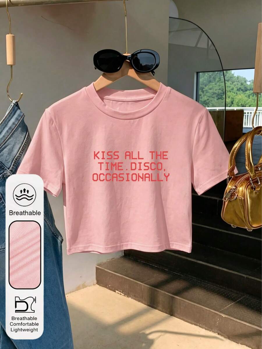 Top casual de verano para mujer estilo Y2K con estampado Kiss All The Time/Disco Occasionally, cuello redondo y manga corta, color rosa
