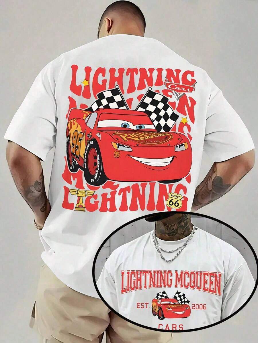 Disney Car Lightning Checkered Flag T-Shirt, Unisex Racing Summer T-Shirt With Short-Sleeved Print. This Comfortable And Versatile Short-Sleeved Top Is Made Of Pure Cotton And Makes A Perfect Surprise Gift For Children. - 白色 - 查看 1