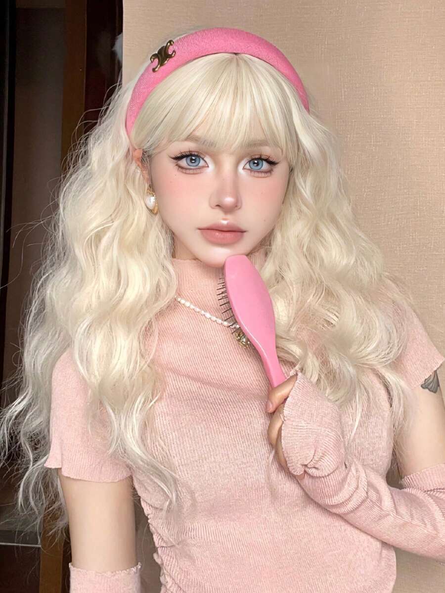 [TOPSHE LUMA] Elegant Long Curly Wig For Women - Full Head Coverage, Natural-Looking Synthetic Hair With Water Wave Texture, Rose Net Cap, 150% Density - Gold - View 1