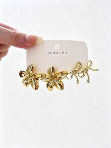 4/16PCS Fashionable Elegant Large Hollow Floral Leaf Geometric Multi- Gold Metallic Earring Set, Women's Fashion Earring Set, Daily Wear, (Lightweight CCB Material, Non-Fading/No Ear-Pulling Sensation) - Gold - View 10