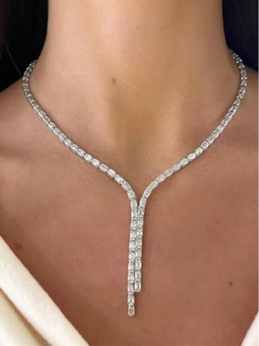 1pc Sparkling Rhinestone Necklace Choker, Bridal Wedding Party Dress Jewelry Accessory For Women - Silver - View 1