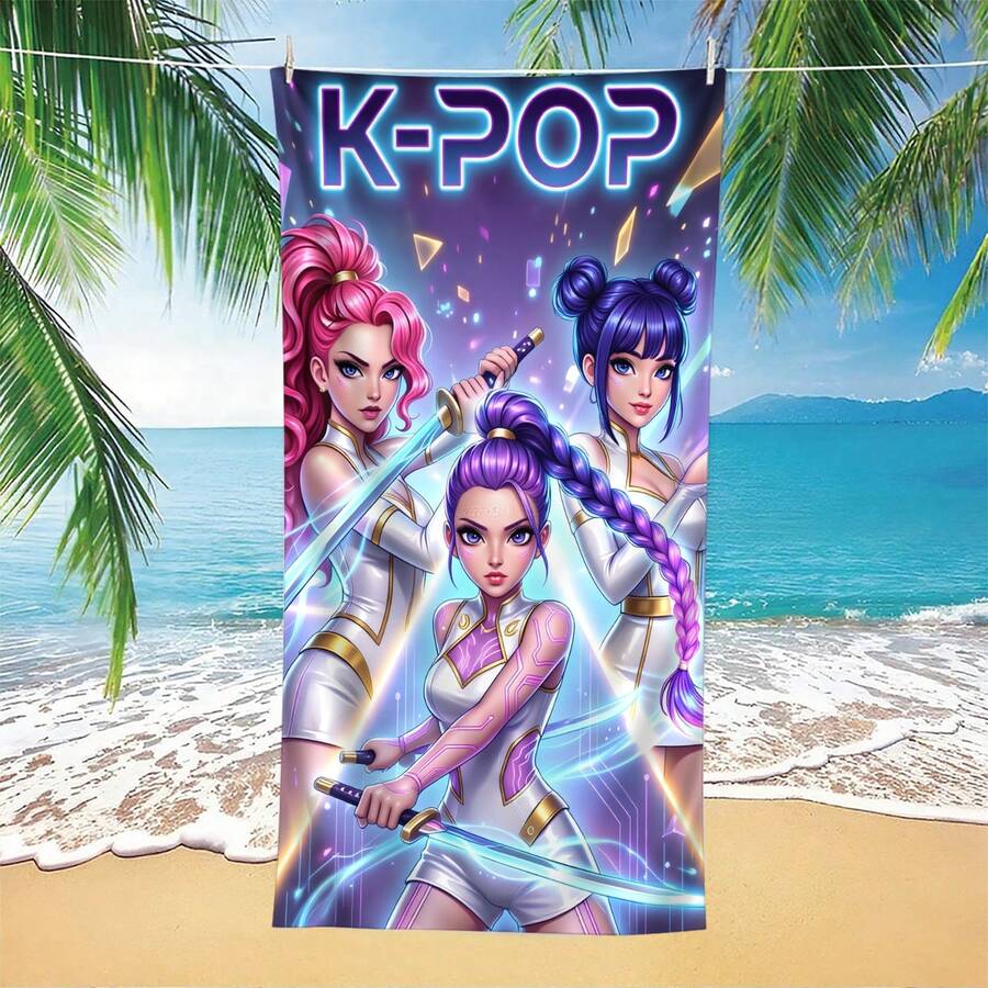1 件 K-POP 賽博龐克動漫風沙灘巾,超柔軟快乾微纖維材質,印有未來感女性角色、霓虹舞台燈光與發光劍,適合旅行、游泳、露營與瑜伽 - 彩色 - 查看 1
