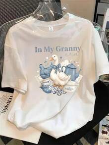 Camiseta de manga corta con cuello redondo para mujer, con estampado de patos sobre un cuenco, apta para todas las estaciones. - Blanco - Ver 1