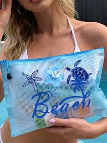 時尚防水PVC沙灘包，印有「Beach」彩色字母，A4尺寸，透明化妝包配尼龍拉鍊，適合游泳、潛水和夏季度假，輕巧，適合年輕男女，沙灘包配件，旅行必需品，度假必需品，返校用品盥洗包，大容量洗澡包，女性母親節教師節禮物，郵輪必需品 - 彩色 - 查看 7