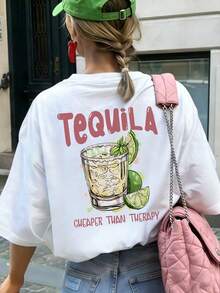 T-Shirt Semplice Da Donna Per L'estate 2026 Con Motivo Tè Al Limone E Stampa Di Fette Di Limone, Stile Vacanziero, Vestibilità Comoda, Multifunzionale, Con Scollo Rotondo, Marrone - 白色 - 查看 1