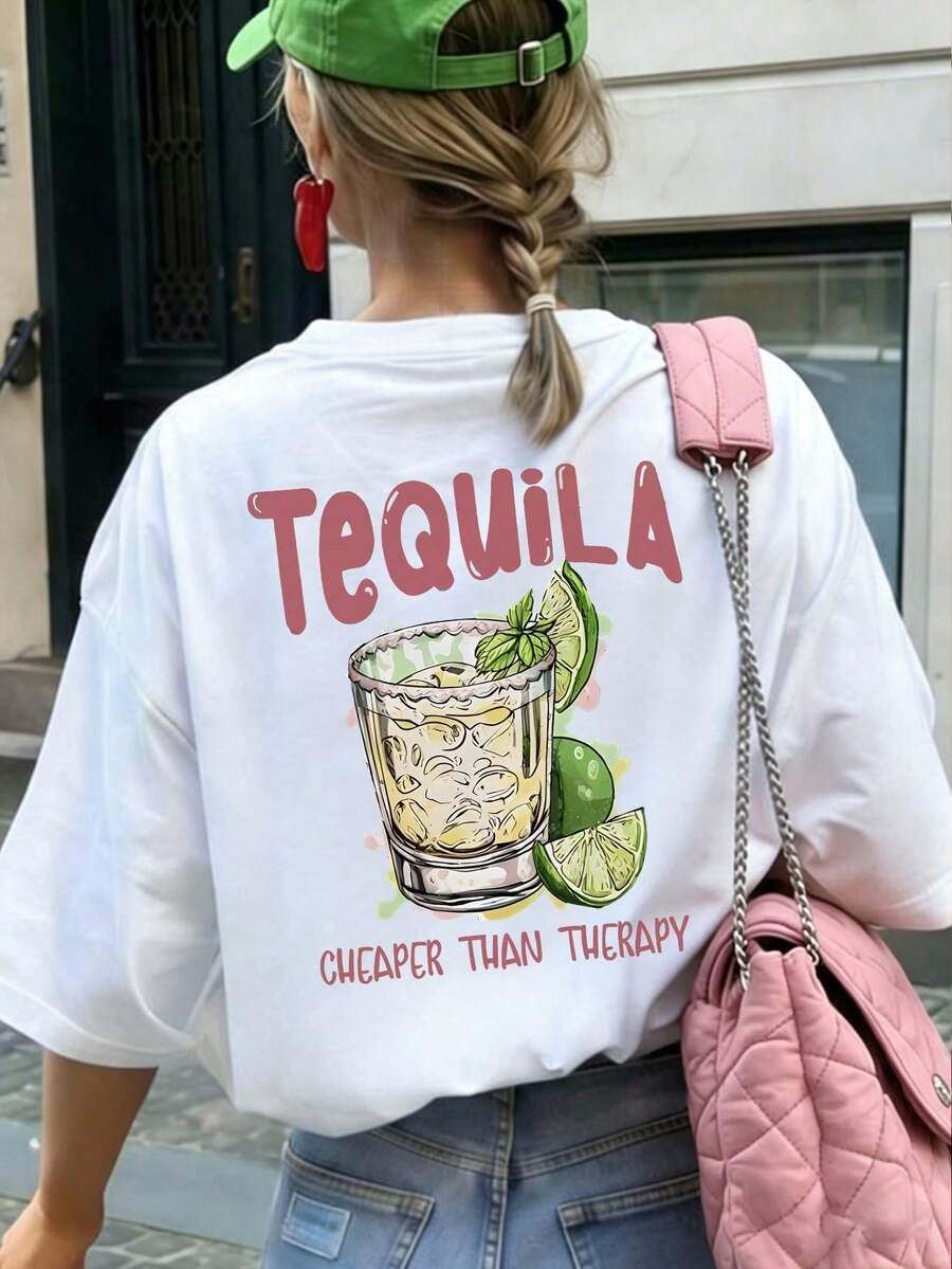 T-Shirt Semplice Da Donna Per L'estate 2026 Con Motivo Tè Al Limone E Stampa Di Fette Di Limone, Stile Vacanziero, Vestibilità Comoda, Multifunzionale, Con Scollo Rotondo, Marrone - 白色 - 查看 1
