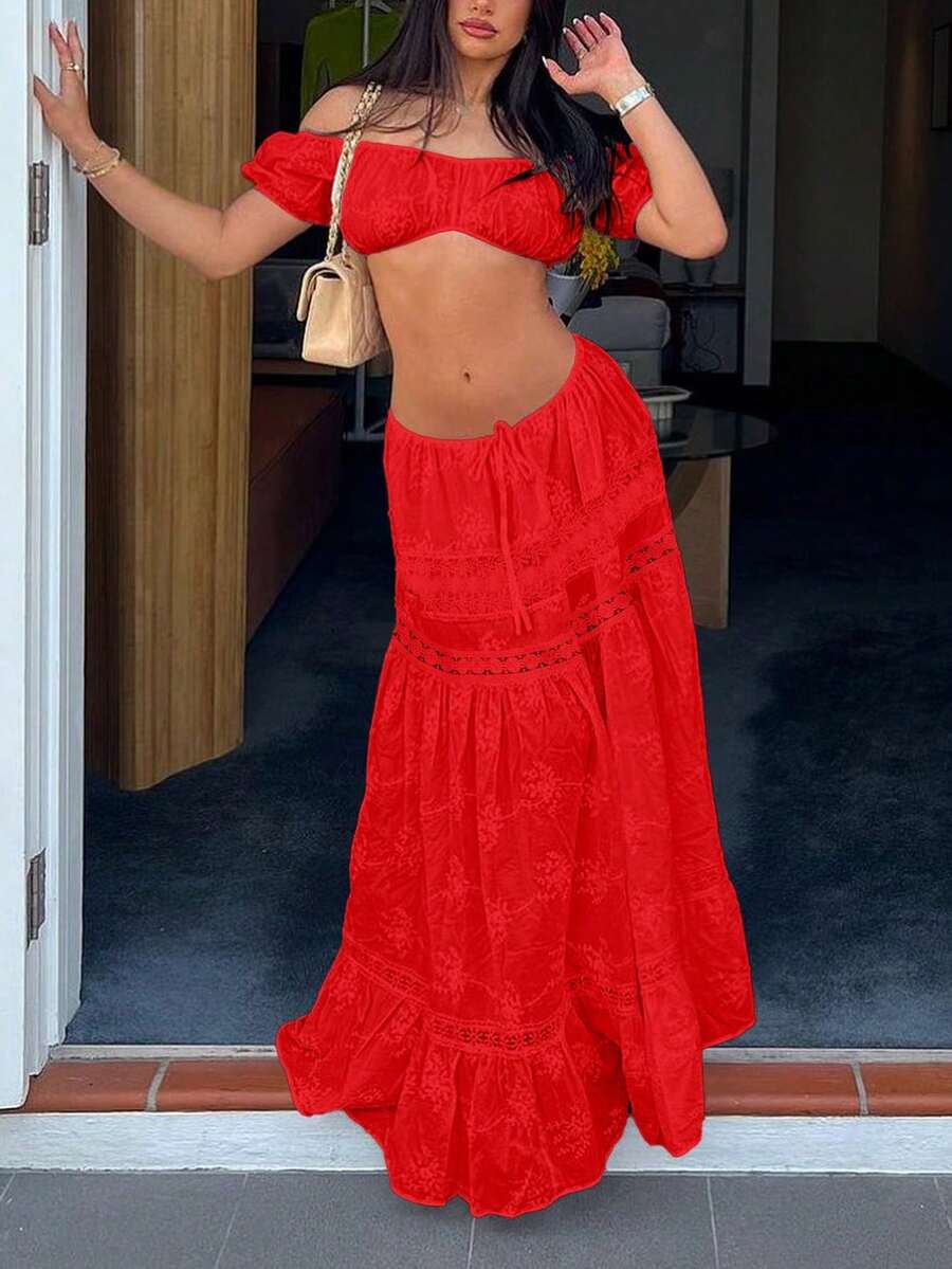 Conjunto de top corto con hombros descubiertos y falda, elegante para el verano - Rojo - Ver 1