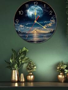 1pc 10"/12" Modern Wooden Night Sky Moon Design Wall Clock, Classic Style With Gold Numerals, Wall Mounted, Suitable For Home Or Office Decor, Nighttime Decor | Landscape Wall Clock | Durable Wall Clock, Wall Clock Decor - Multicolor - View 1