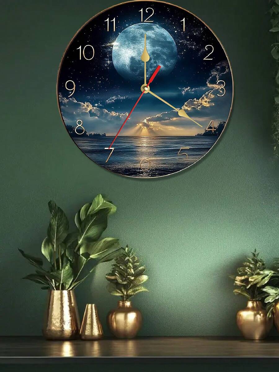 1pc 10"/12" Modern Wooden Night Sky Moon Design Wall Clock, Classic Style With Gold Numerals, Wall Mounted, Suitable For Home Or Office Decor, Nighttime Decor | Landscape Wall Clock | Durable Wall Clock, Wall Clock Decor - Multicolor - View 1