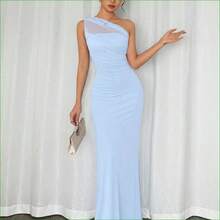 . .  Vestido maxi ajustado de estilo elegante y romántico, con cuello asimétrico, adecuado para fiesta, vacaciones en la playa, vuelta al colegio, citas románticas, temporada de bodas, cumpleaños, Pascua, primavera/verano - Celeste - Ver 9
