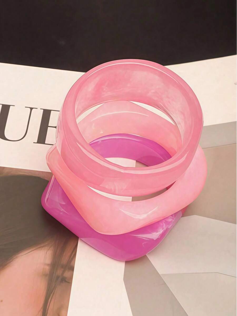 3pcs Pink Acrylic Bangle Set, Elegant Minimalist Dyed Bracelet Combination, Can Be Worn Separately Or Stacked, Suitable For Daily Wear And Vacation - Multicolor - View 1