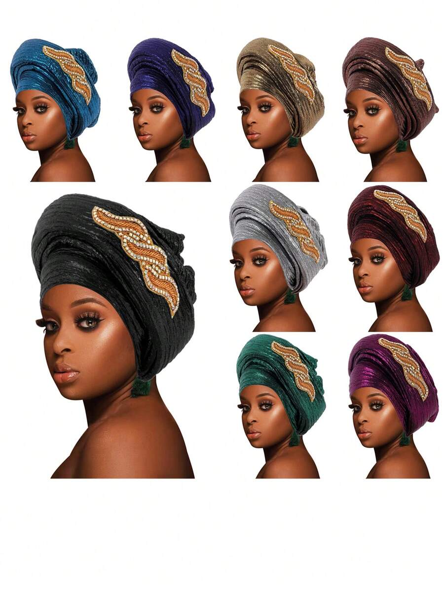 1pc African Gele Style Turban, Shiny Velvet Rhinestone Embellished Head Wrap Cap - F - View 1