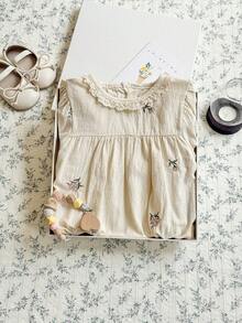 Newborn Baby Girl Floral Embroidered Apricot Cotton Short Sleeve Romper Summer - Apricot - View 11