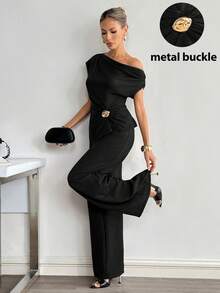 Nuevo conjunto con decoración metálica en el hombro para mujer en color marrón - Negro - Ver 1