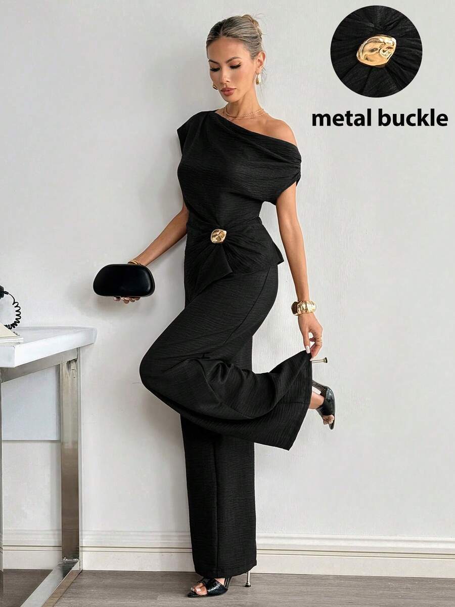 Nuevo conjunto con decoración metálica en el hombro para mujer en color marrón - Negro - Ver 1