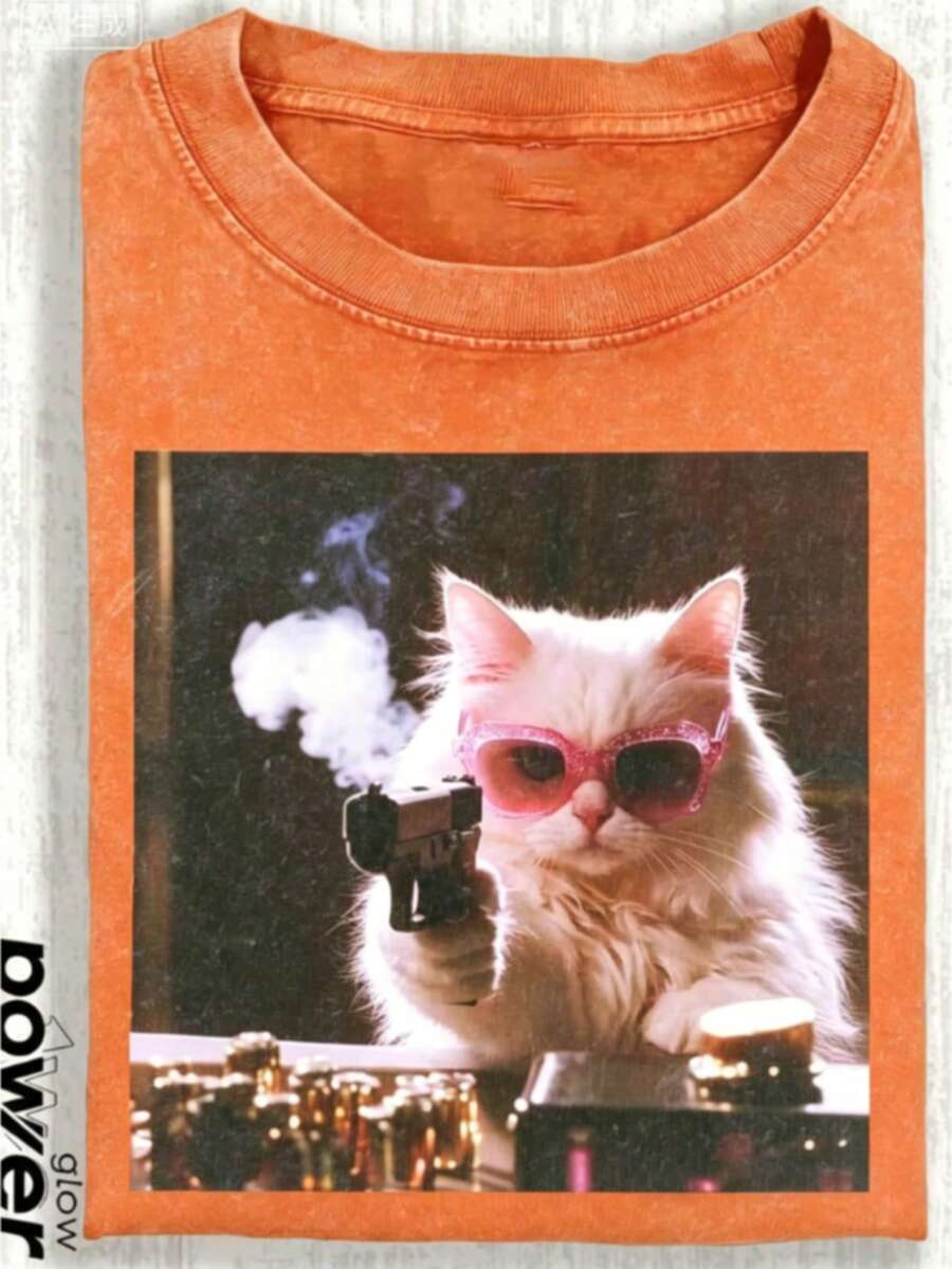 1pcsCute Cat Funny Graphic Graphic T-ShirtMen's Cotton T-Shirt, 230G Washed Short-Sleeve Suitable For Halloween, Christmas And Spring Festival Gifts - 橘色 - 查看 1