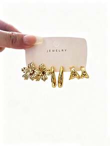 4/16PCS Fashionable Elegant Large Hollow Floral Leaf Geometric Multi- Gold Metallic Earring Set, Women's Fashion Earring Set, Daily Wear, (Lightweight CCB Material, Non-Fading/No Ear-Pulling Sensation) - Gold - View 11