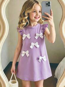 Girls' Casual Solid Color Bow Decor Stand Collar A-Line Knee-Length Dress With Back Keyhole Design, Spring/Summer - Purple - View 1