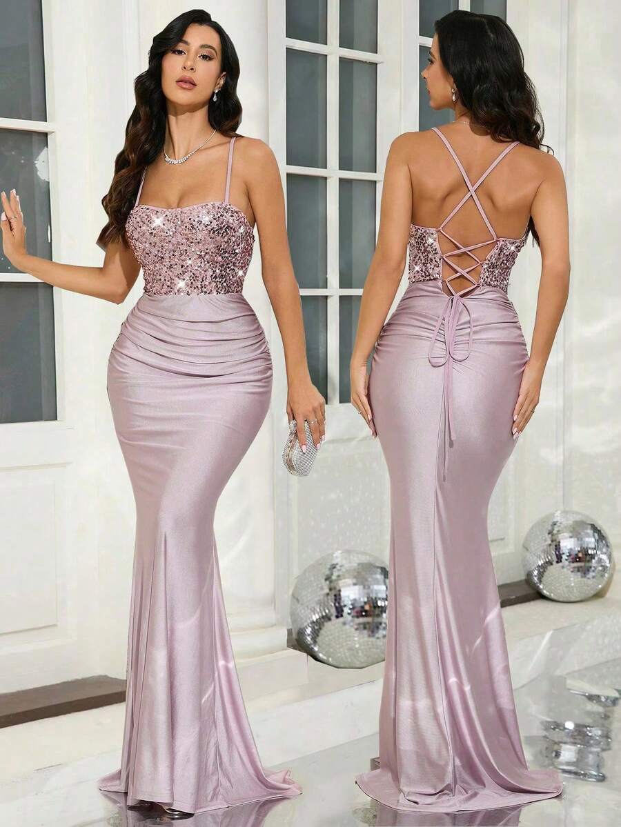 xheGlamine Vestido formal elegante y hermoso de mujer con lentejuelas, espalda anudada, de satén y cintura alta, para cena formal, baile de graduación, cumpleaños, invitado de boda, fiestaxhe - Rosa vieja - Ver 1