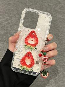 Fashionable Minimalist Cute Cat, Strawberry, Star Sequin Transparent Phone Case With Strawberry Pendant, Non-Slip Shockproof Durable Protective Cover Suitable For IPhone 17/17 Pro/17 Pro Max/16/16 Pro/16 Pro Max/15/15 Pro/15 Pro Max/14/13/12/11, Suitable As Birthday, Christmas, Halloween Gift For Friends, Family, Partner, Business Gifts - Multicolor - View 4