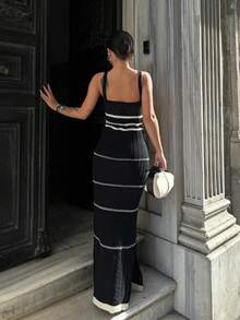 Vestido tirante sirena ajustado con abertura medio largo - Negro - Ver 3