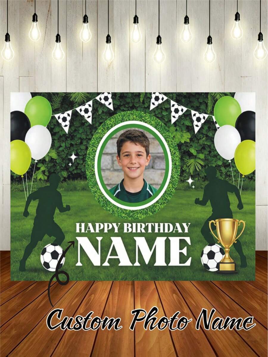 Customizable Photo & Name Football Theme Birthday Backdrop, Green Flag Balloon Outdoor Lawn Football Trophy Decoration, Suitable For Football Theme Birthday, Event, Holiday, Celebration Backdrop Decoration And Photography Props, Vinyl Material.