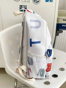 1 pieza Mochila casual de nailon con cierre de cremallera y estampado de letras, adecuada para estudiantes y uso diario en todas las estaciones, unisex - Blanco - Ver 5