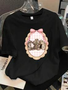 Camisetas de algodón estampadas de moda para mujer, letras en inglés, Navidad, Halloween, lindos patrones de dibujos animados, patrones de flores y otros estampados, telas cómodas, - Negro - Ver 1