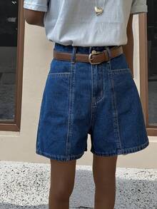 Shorts de mezclilla lavados casuales para mujer, con bolsillos, shorts de pierna ancha retro, ligeramente elásticos, cómodos para uso diario en verano - Azul lavado oscuro - Ver 2
