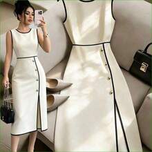 Vestido decorativo de bloque de color negro y blanco de diseño de nicho de alta gama francés, versátil y sexy para mujeres, vestido de fiesta elegante, atuendo de resort para mujeres, atuendo del Día de San Valentín para mujeres, vestido blanco y negro para mujeres, vestido de primavera/verano, atuendo de playa, vestido de bloque de color para mujeres - Blanco y Negro - Ver 2