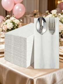 10/15pcs Disposable White Cutlery Bags With Cutlery Pocket, Elegant Disposable Paper Napkin Bags For Wedding, Birthday, Baby Shower, Anniversary, Bridal Party, Graduation, Holiday Party, Party Supplies, Home Decor, Tabletop Decoration, Kitchen & Dining Accessories - Pure White - View 1