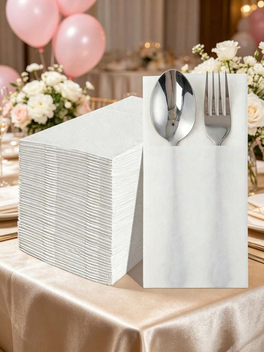 10/15pcs Disposable White Cutlery Bags With Cutlery Pocket, Elegant Disposable Paper Napkin Bags For Wedding, Birthday, Baby Shower, Anniversary, Bridal Party, Graduation, Holiday Party, Party Supplies, Home Decor, Tabletop Decoration, Kitchen & Dining Accessories - Pure White - View 1