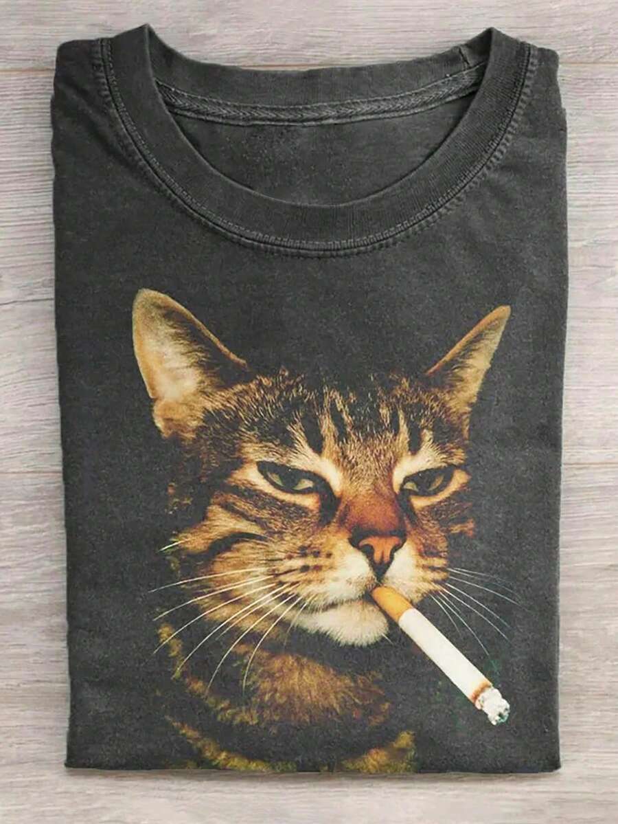 大码猫咪图案水洗T恤。图案为一只喜欢抽烟的猫。高品质蜡染印花复古时尚品牌男士T恤 - 黑色 - 查看 1