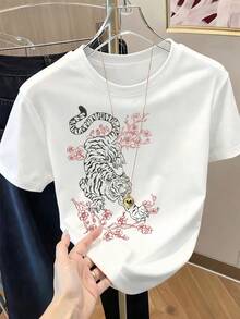 Camiseta de manga corta con estampado para mujer, ropa de primavera, atuendo para festividades, blanca para verano, look playero, estilo vacacional, estilo rural, atuendo de oficina para mujer. - Blanco - Ver 6