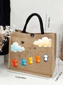 5 Different Colors Cat Pattern Canvas Bags, Perfect For Supermarket Shopping And Travel. Simple And Fashionable, Made Of Linen Material, Very Suitable For School Or Outdoor Travel. Large Capacity, Portable, Suitable For Women, College Students And Office Workers. Great Gift For Valentine's Day, Christmas, New Year, Anniversary, Birthday And Other Occasions. - Multicolor - View 9