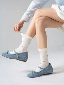 1/7 Pairs Random White & Pink Bow Floral Lace Trim Mid-Calf Socks, Sweet Japanese Style Pure Cotton Breathable Socks For Spring/Summer, Versatile For Daily Wear & Commute - White - View 5