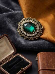 1pc Vintage Palace Style Rhinestone Alloy Brooch, Minimalist Fashion Accessory For Women Daily Outfit, Coat & Jacket Decoration - Green - View 8