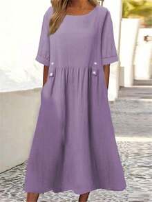 2026 Summer Short-Sleeve Cotton-Linen Dress New Round Neck Loose Mid-Length Plus Size Dress - Grey - View 5