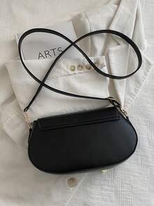 New Retro Fashion Saddle Bag, Metal Hardware & Belt Decor, Flap Opening, Adjustable Long Shoulder Strap, Small Capacity Lightweight Minimalist Soft Crossbody Bag. Suitable For Women's Daily Life, Commuting, Work, Vacation And Student Use - Black - View 5