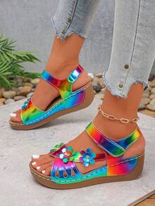 NIPAXO Sandalias de cuña con plataforma slip-on para mujer talla grande, cómodas y sin fatiga, brillantes, elegantes, de moda, dulces, ligeras, nuevo estilo, para fiesta, uso diario, boda, playa, viaje, ocio y entretenimiento, decoración floral de moda, cierre ajustable de gancho y bucle - Multicolor - Ver 5