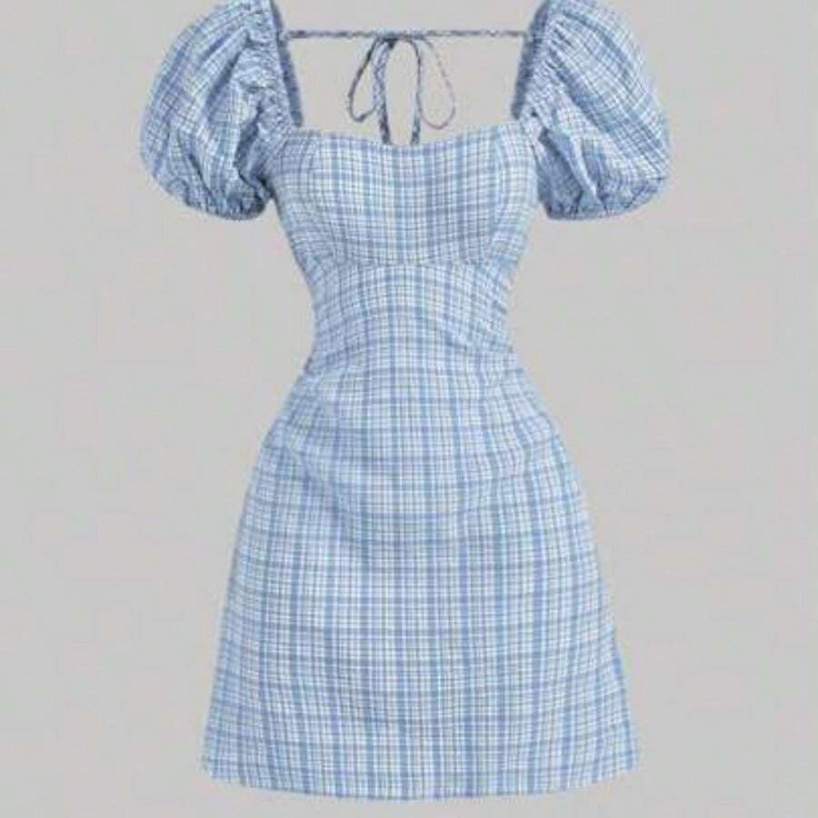 MOD Vestido de moda con cuello cuadrado, mangas de pétalo y estampado floral para mujer - Azul y blanco - Ver 1