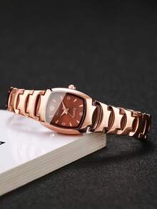 Reloj de pulsera de cuarzo para mujer con correa de aleación, esfera con forma de barril y diamantes de imitación, estilo de lujo, regalo exquisito para novia (1 pieza/set) caja de reloj no incluida - Oro rosa - Ver 5