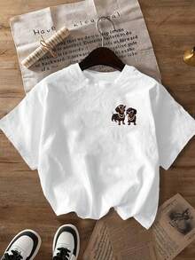 Plus Size Women's Casual Fashion Dachshund Print Crew Neck Short Sleeve T-Shirt White Summer - White - View 4