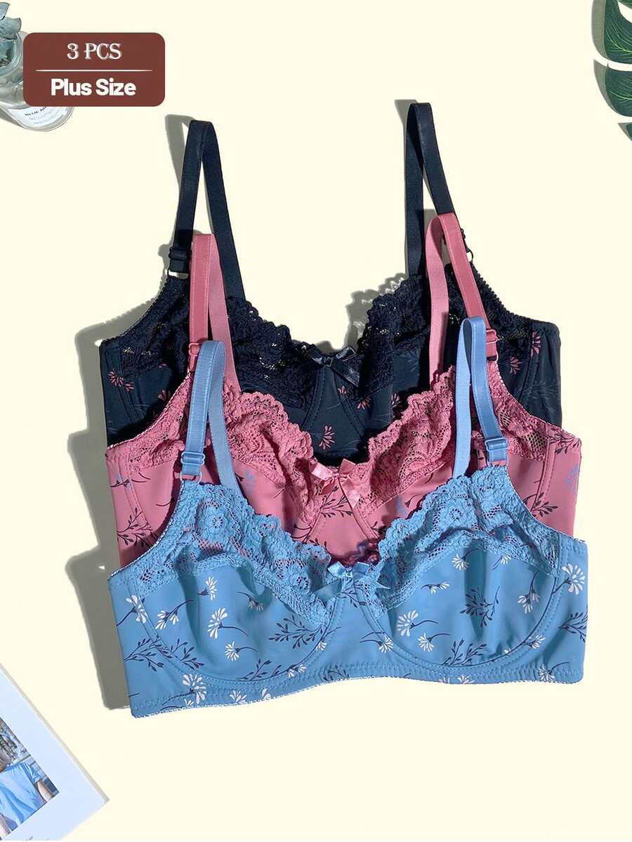3pcs/Set Fresh Print Seamless Underwire Side-Support Adjustable Shoulder Strap Comfortable Everyday Plus Size Bra For Women - Multicolor - View 1