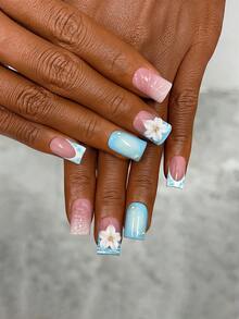 10pcs Y2K Nails Square Press On Nails Set - Handcrafted, Pink Nails, Blue Nails, Blue And White French Tip Nails, Handmade 3D Flowers And 3D Seashell Design, Hand Drawn Blue Snake Pattern And White Zebra Stripe Design, Nails Handmade, Sparkling Gold Rhinestone And White Pearl Decoration, Delicate Graceful Nails - Perfect For Parties & Casual Attire - Multicolor - View 3