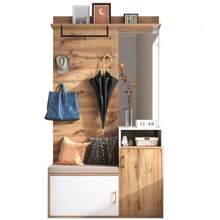 Elegant White And Wood-Colored Wardrobe Set With Mirror, Shoe Cabinet, Wall-Mounted Coat Rack, Bench And Coat Hooks - White - View 4