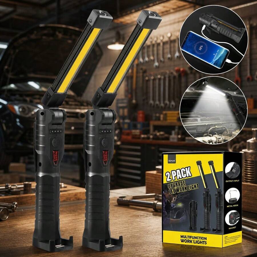 USB Rechargeable COB LED Work Light Foldable Magnetic Hook 3 Light Modes Dual Sided Portable Inspection Lamp For Car Repair Workshop Camping Emergency Popular Mechanic Tool Perfect Gift For DIYers Mechanics Outdoor Lovers - Black - View 1