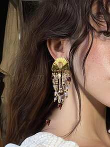 rundraw 2pcs Classic Tassel Fan-Shaped Vintage Style Metal Material Multicolor Women's Earrings Suitable For Daily Wear, Party, Celebration, Commuting - Multicolor - View 2