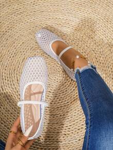 Women's Mesh Square Toe Flat Shoes, Outdoor Casual Wedding Party Breathable Hollow Out Ballet Loafers - White - View 1
